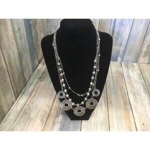 Silver Multi Strand Necklace Beads and Medallion